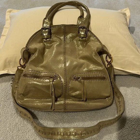 Bags | Carla Mancini Taupe Metallic Suede Handbag | Poshmark display picture 1